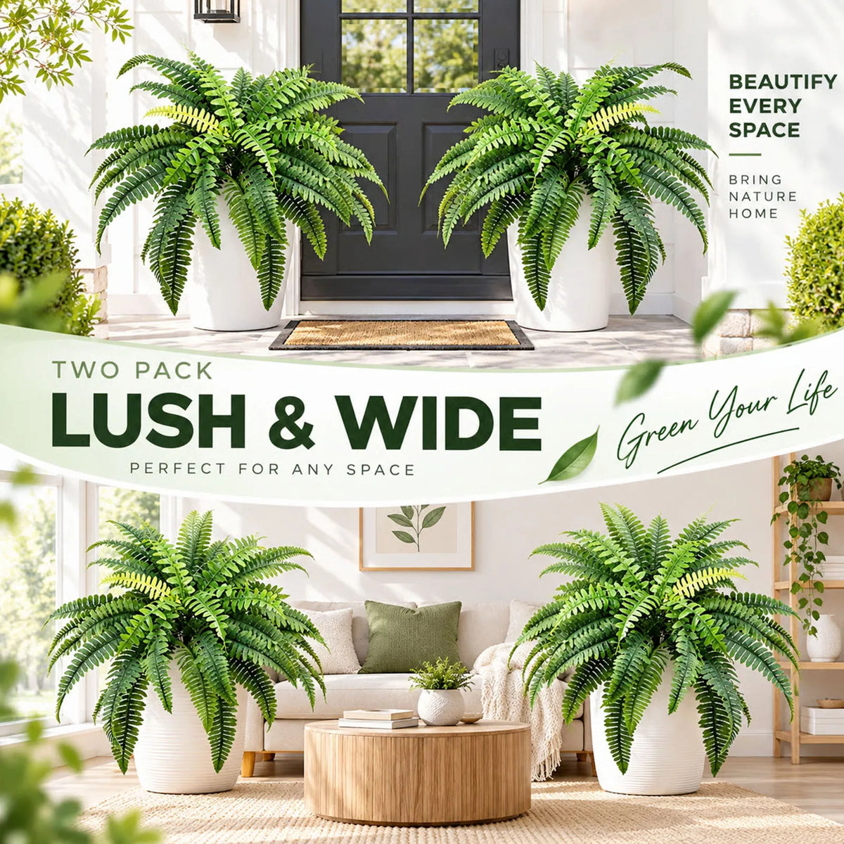 2 Pack Artificial Boston Fern, 39 Fronds UV Resistant Fake Fern Plant, Faux Greenery for Front Porch Patio Indoor Outdoor Home Garden Decor-Pot Not Included — image 12