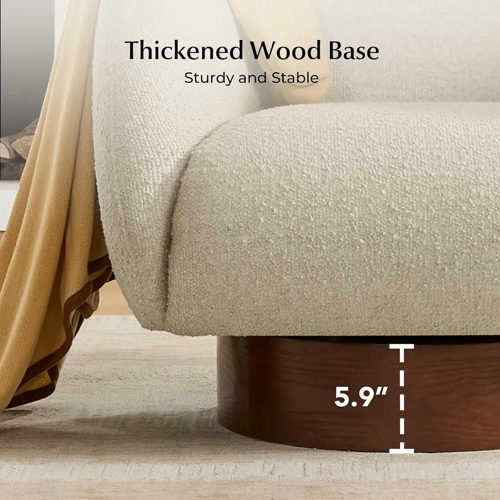 Oatmeal Boucle Swivel Accent Chair — Wood Base Armchair