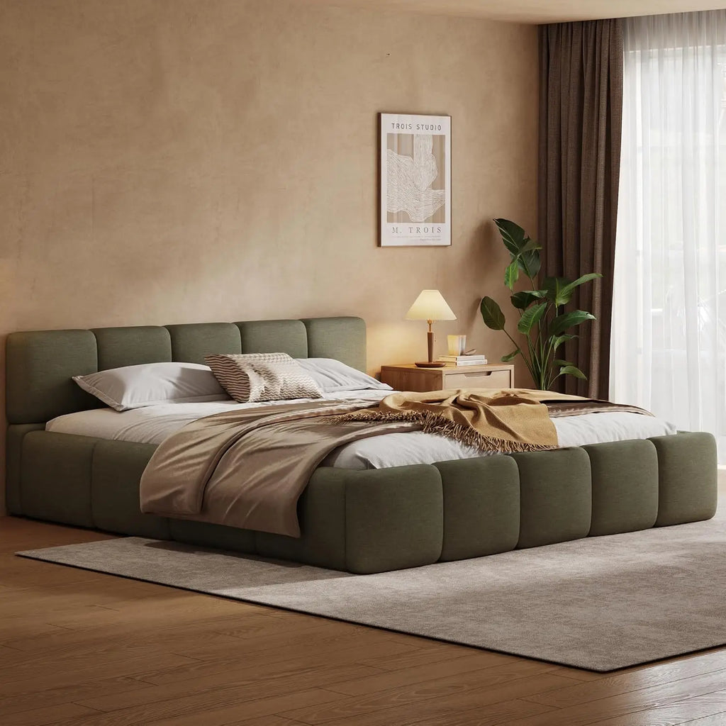 Boucle Upholstered Platform Bed — California King with Headboard