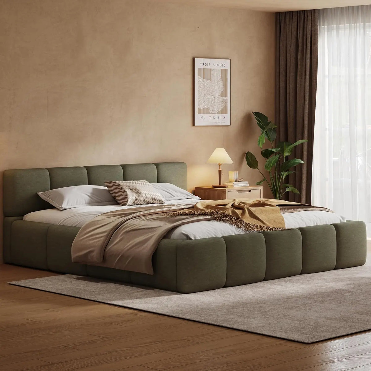 Boucle Upholstered Platform Bed — California King with Headboard