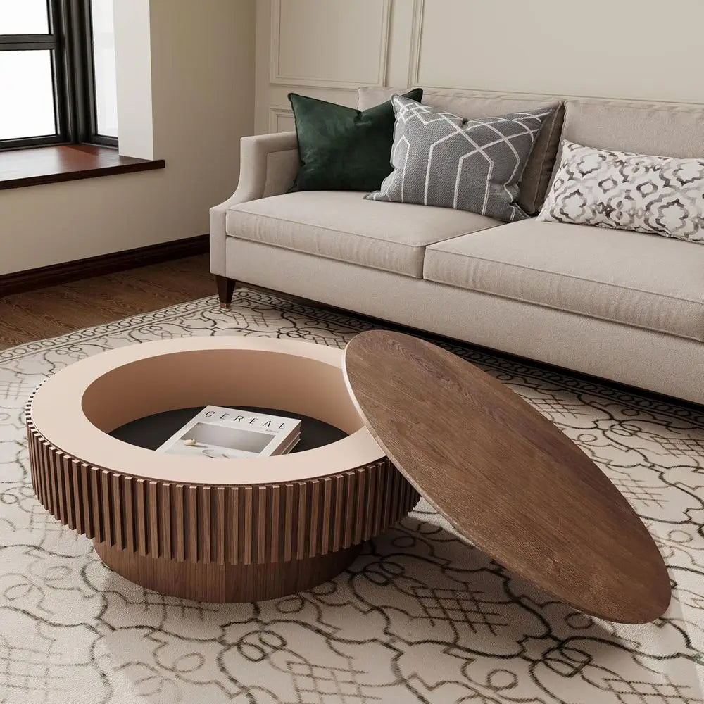 Round drum coffee table with solid wood veneer and hidden storage