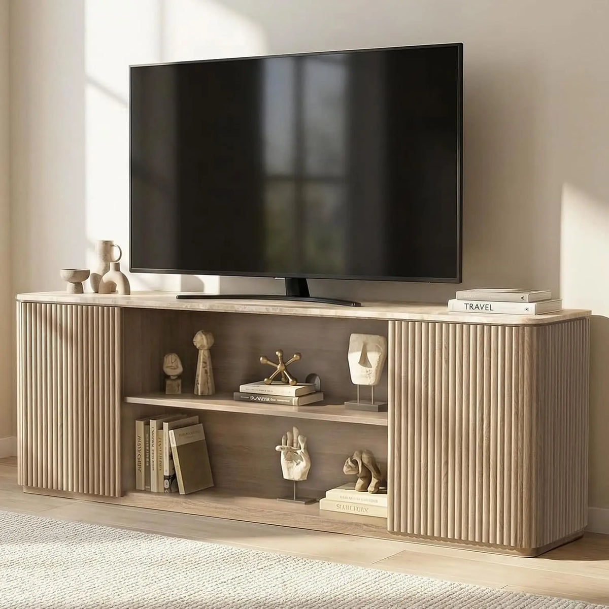 Fluted TV Stand with Faux Marble Top — 70"