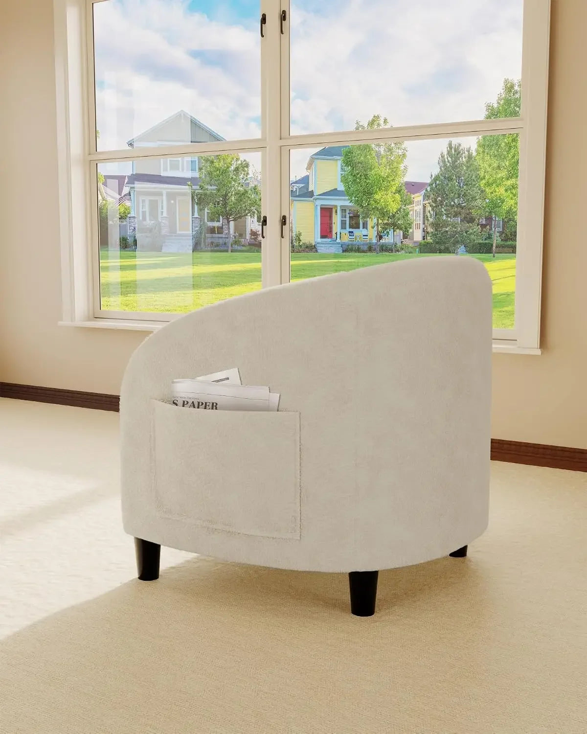 Beige boucle barrel accent chair — close-up design detail