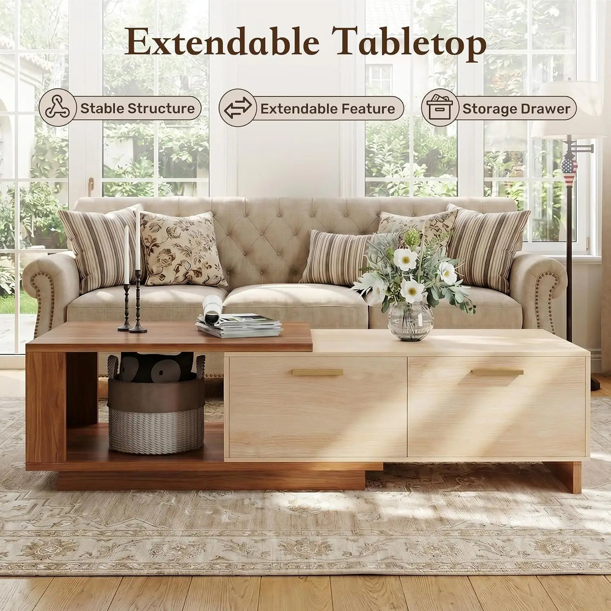 Extendable two-tone coffee table with sliding top and drawers