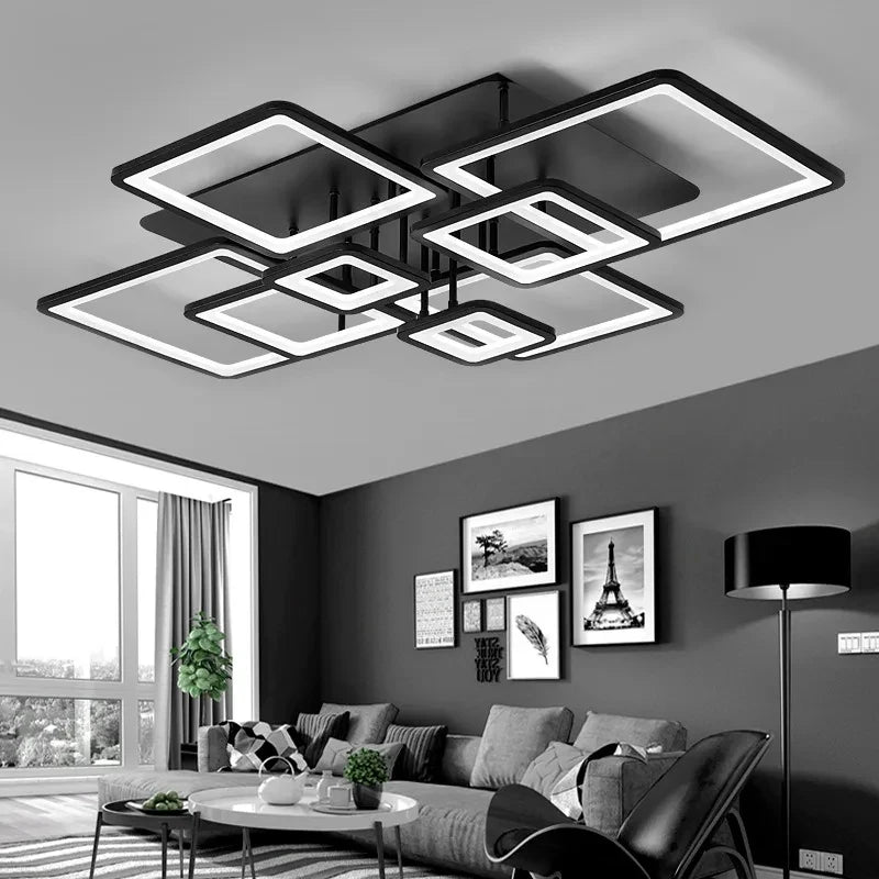 Black grid LED ceiling light — front angle
