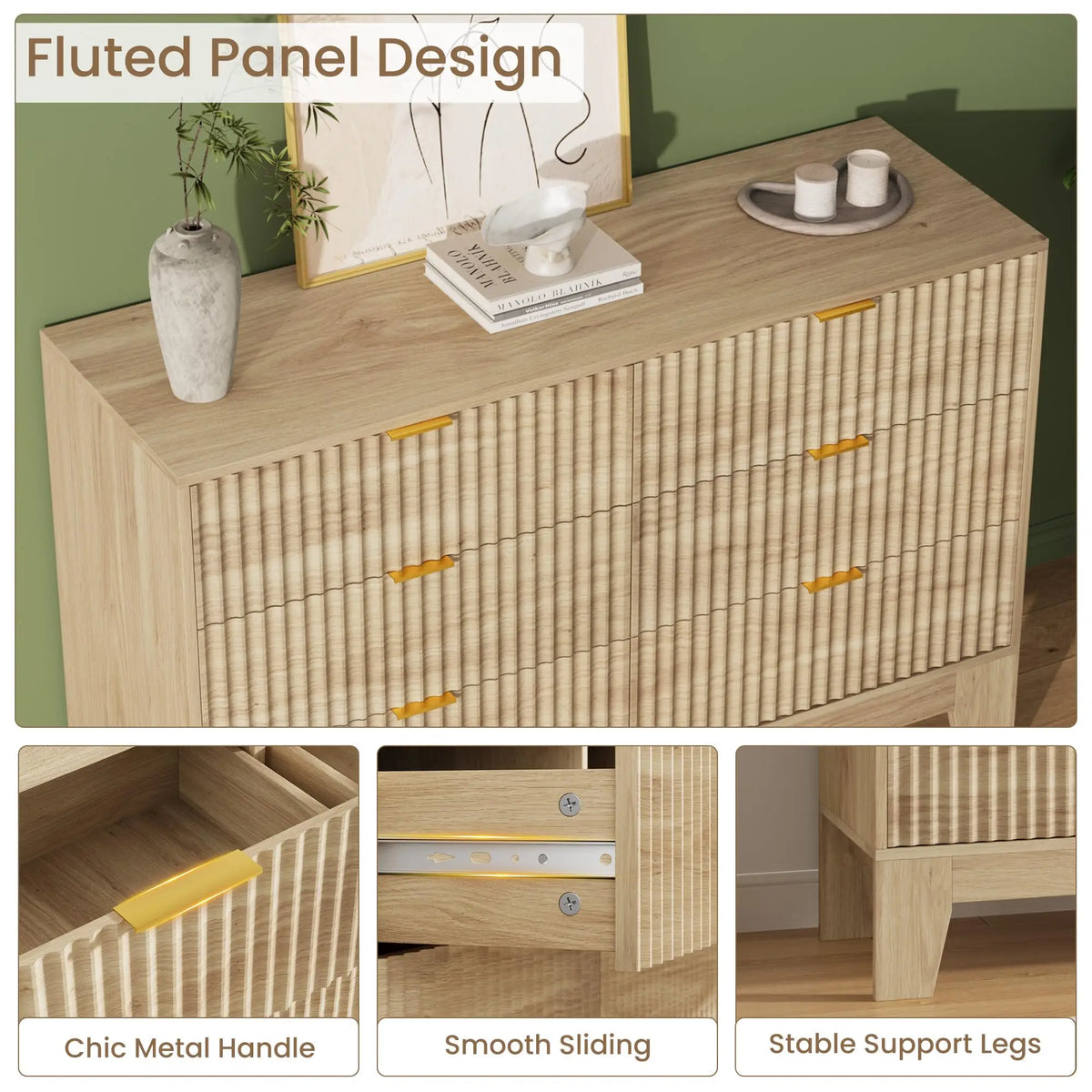Modern Fluted 6-Drawer Dresser — 47" Wide Oak Chest