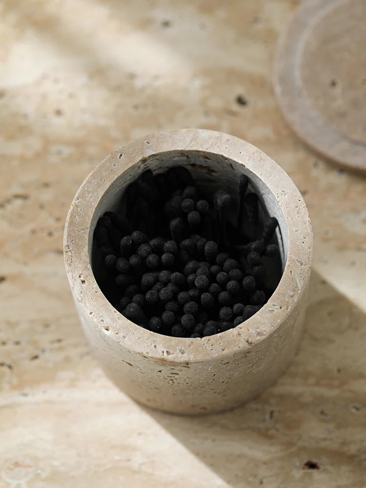 Travertine Cotton Swab Holder — Round Marble Jar, 3.5"