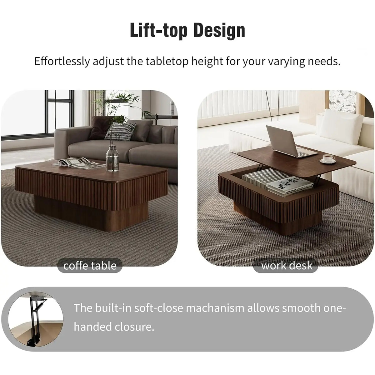 Rectangle Fluted Lift-Top Coffee Table with Storage