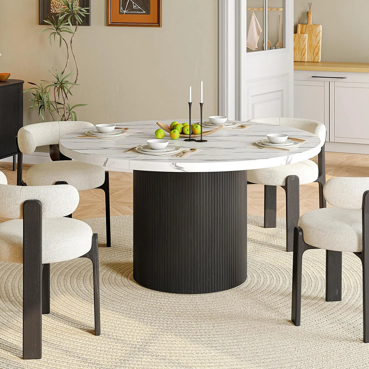 Black fluted round dining table — alternate angle