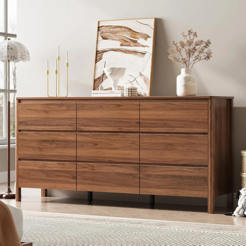 Walnut three-piece dresser and nightstand bedroom set