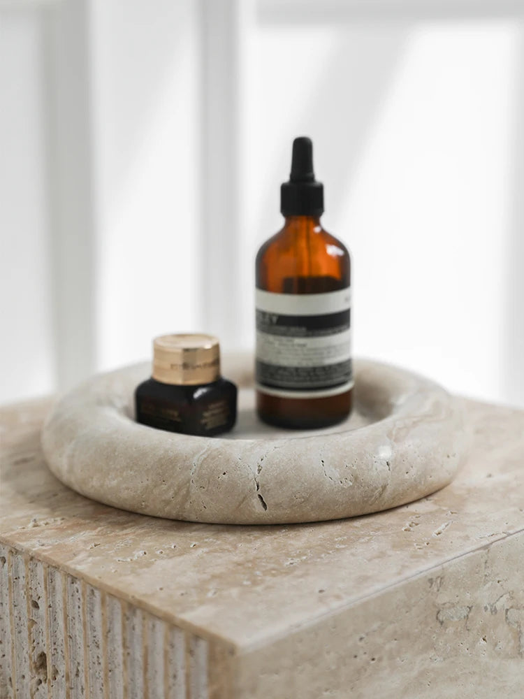 Beige Travertine Vanity Tray — Round Jewelry Plate, 7.9"
