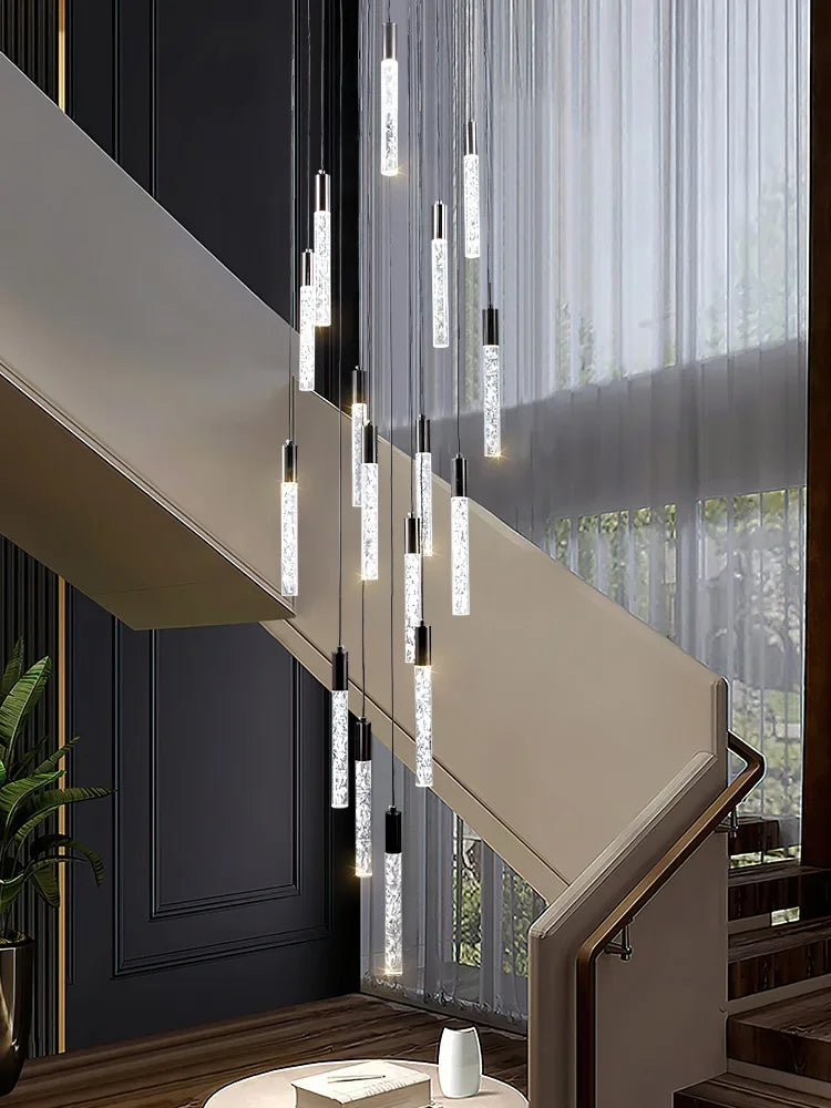 Minimalist cylindrical crystal staircase chandelier