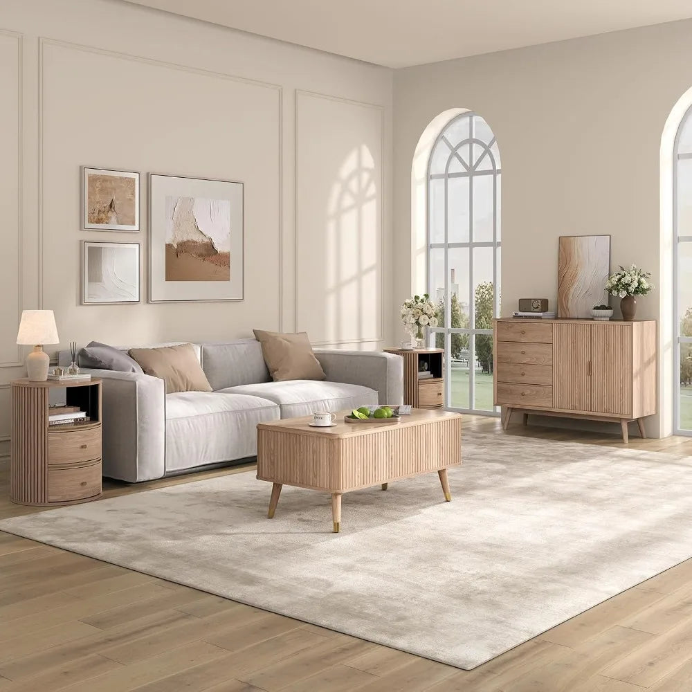 Lift-top fluted coffee table with hidden storage compartments
