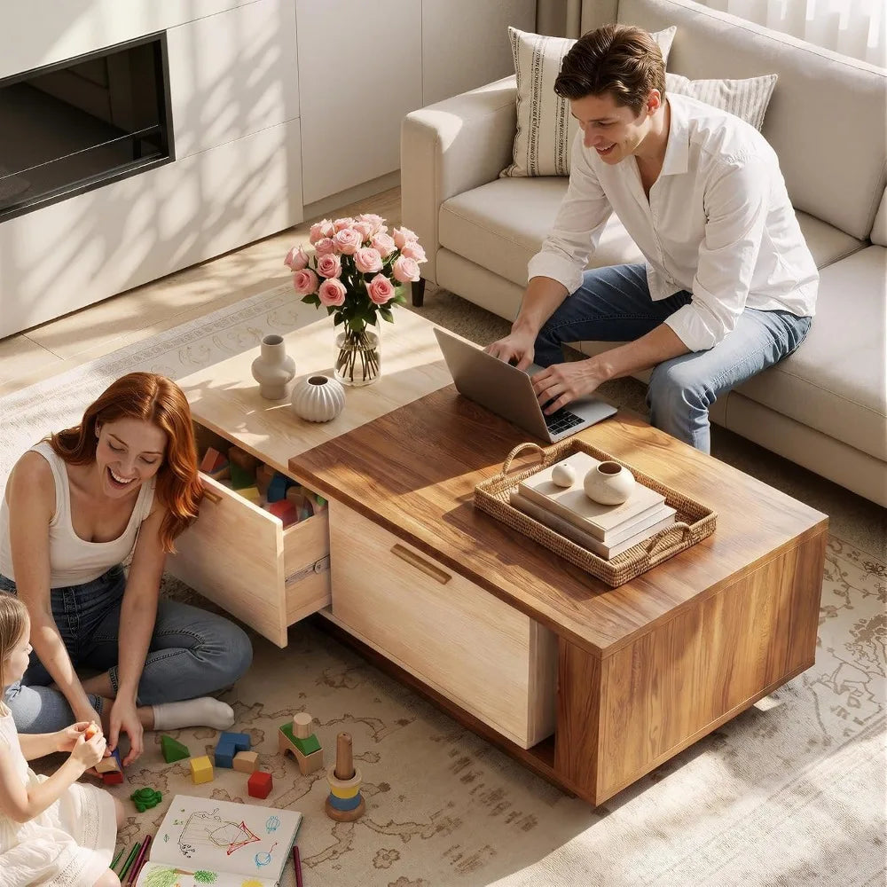 Extendable two-tone coffee table with sliding top and drawers