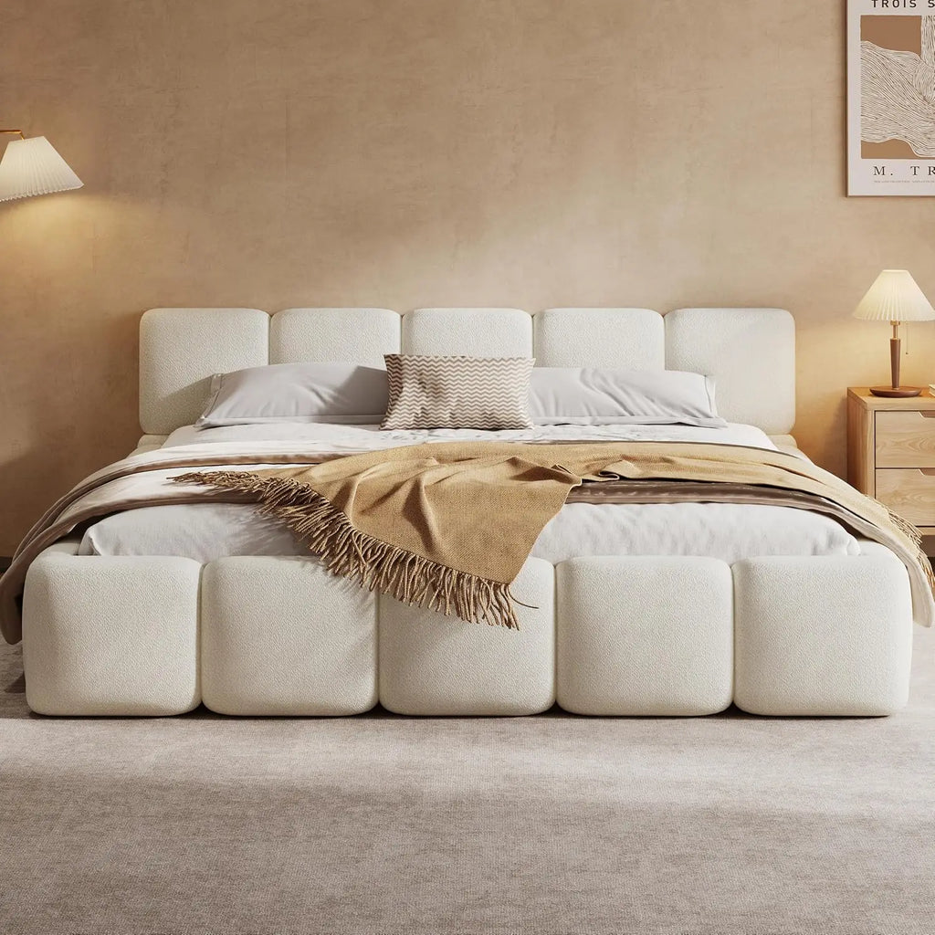 Boucle Upholstered Platform Bed — California King with Headboard