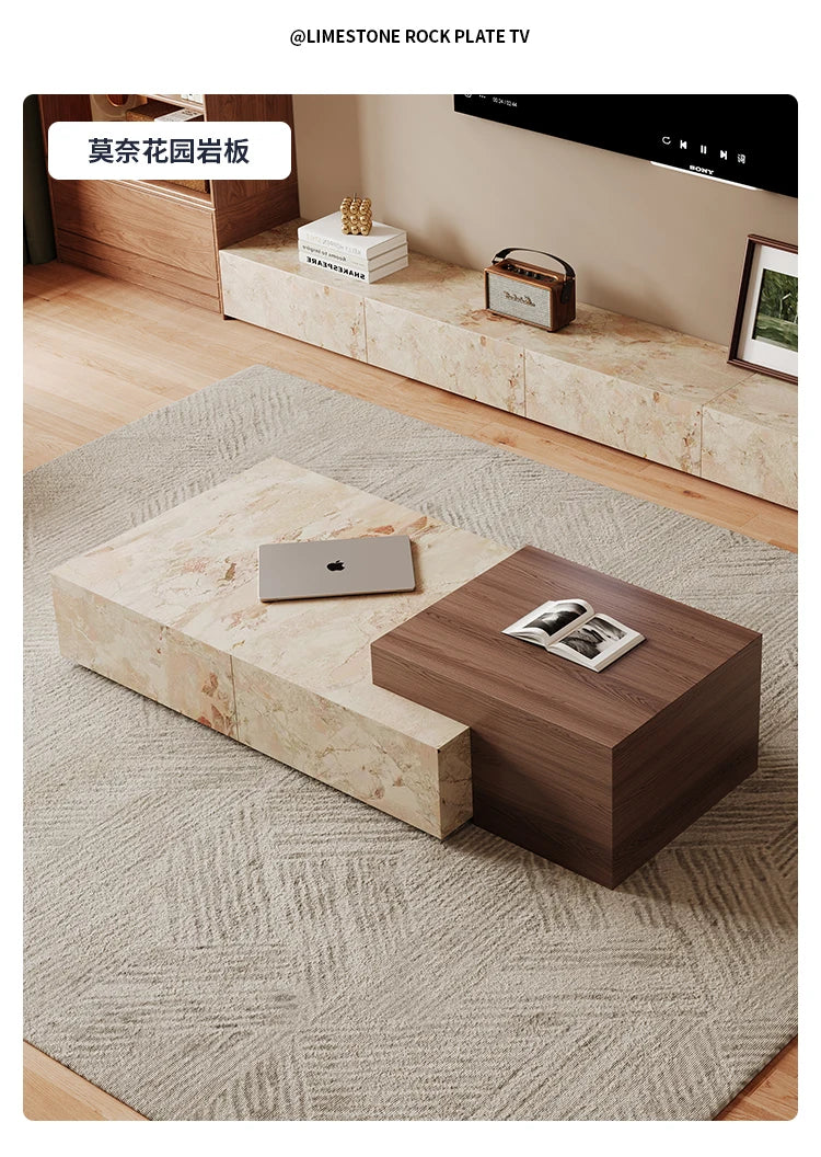Sculptural Wabi-Sabi Coffee Table - Travertine & Walnut