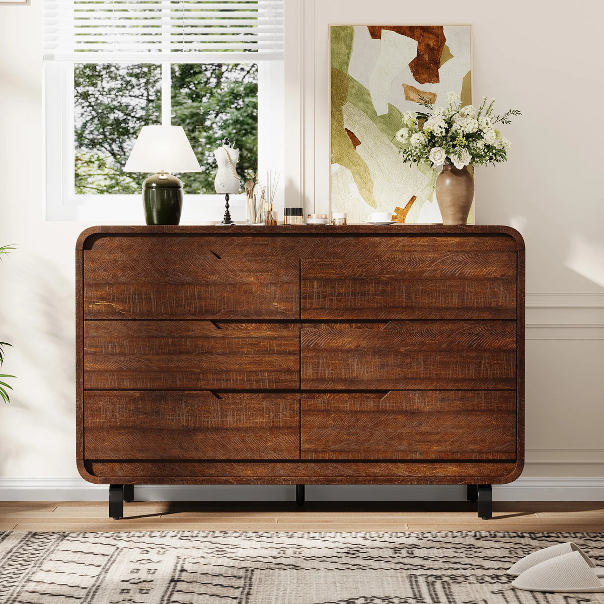 47" Wide 6-Drawer Dresser — Rounded Corners, Hidden Handles