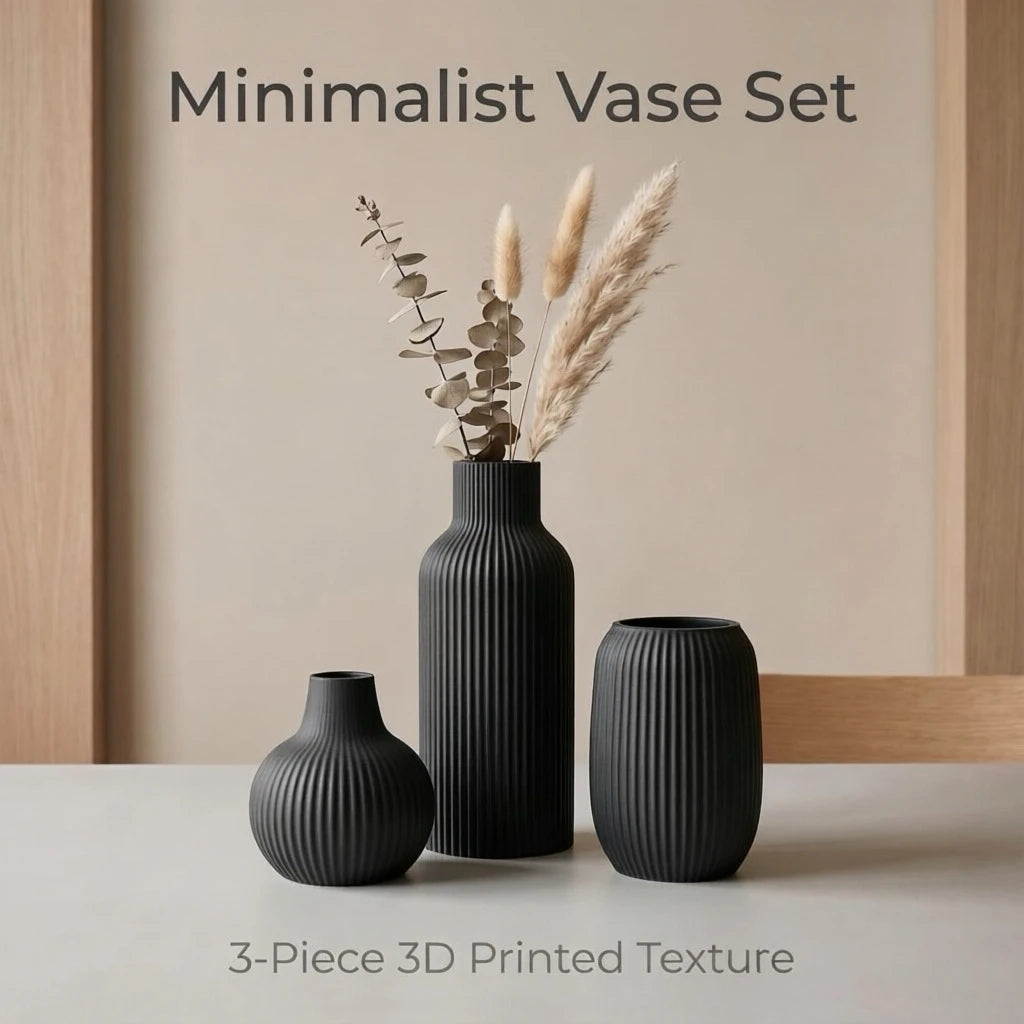 Vertical-Striped Embossed 3-Piece Vase Set — Matte PLA