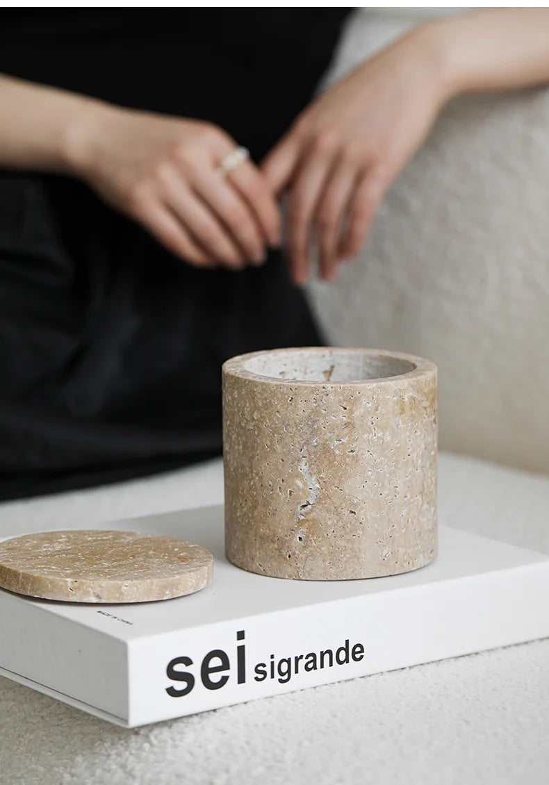 Travertine Cotton Swab Holder — Round Marble Jar, 3.5"