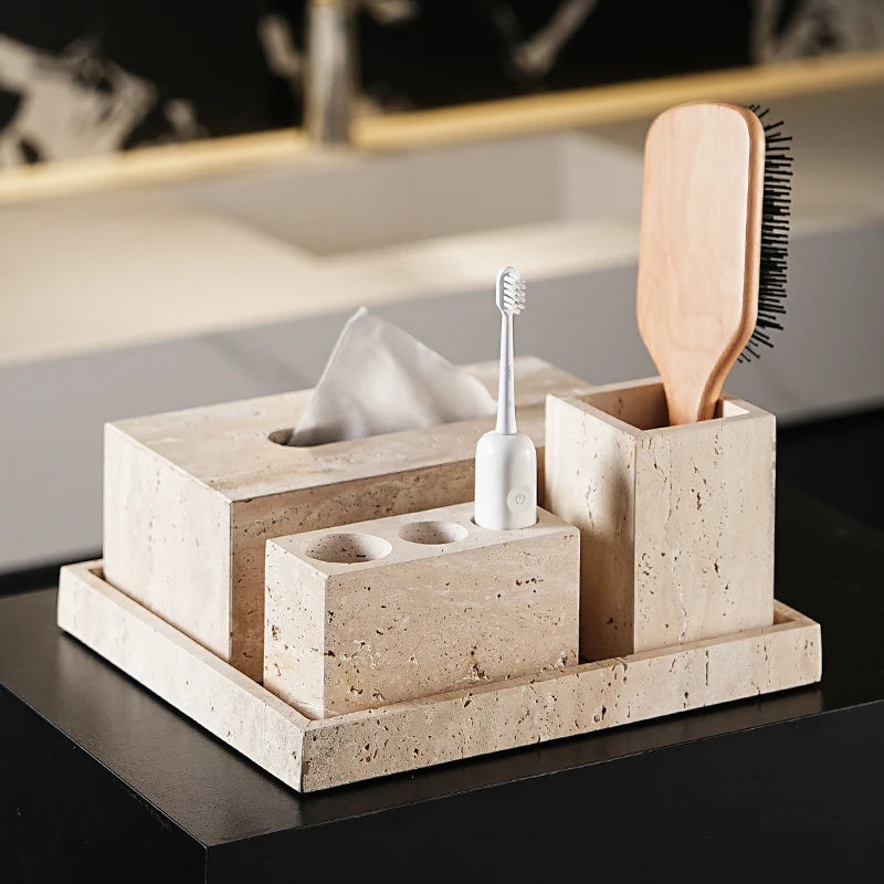 Beige Travertine Bathroom Accessory Set — 9-Piece