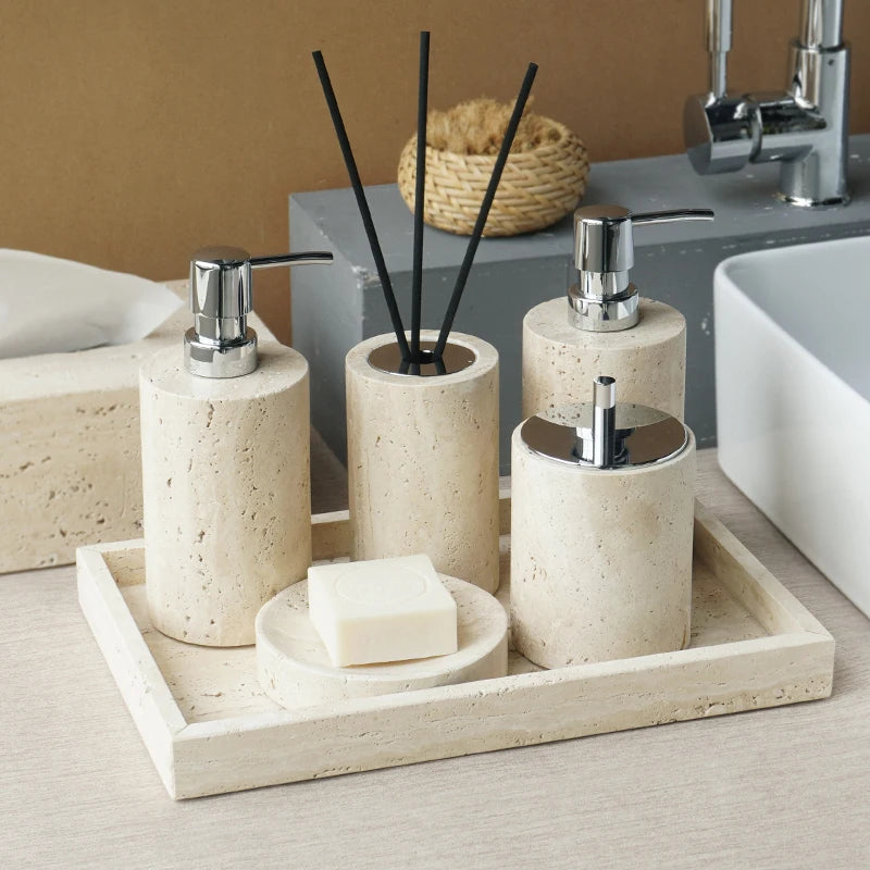 Travertine Bathroom Accessory Set — Vanity Tray & Diffuser, 9-Piece