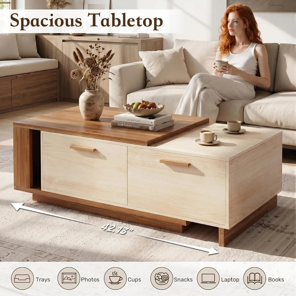 Extendable two-tone coffee table with sliding top and drawers