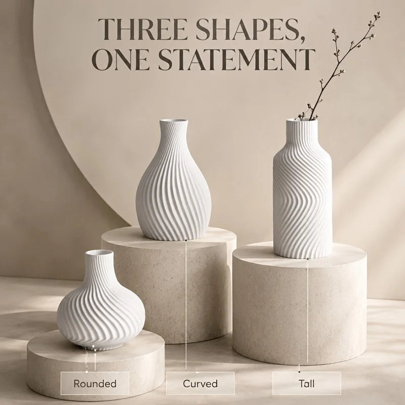 Wavy Swirl 3-Piece Vase Set — Matte Beige