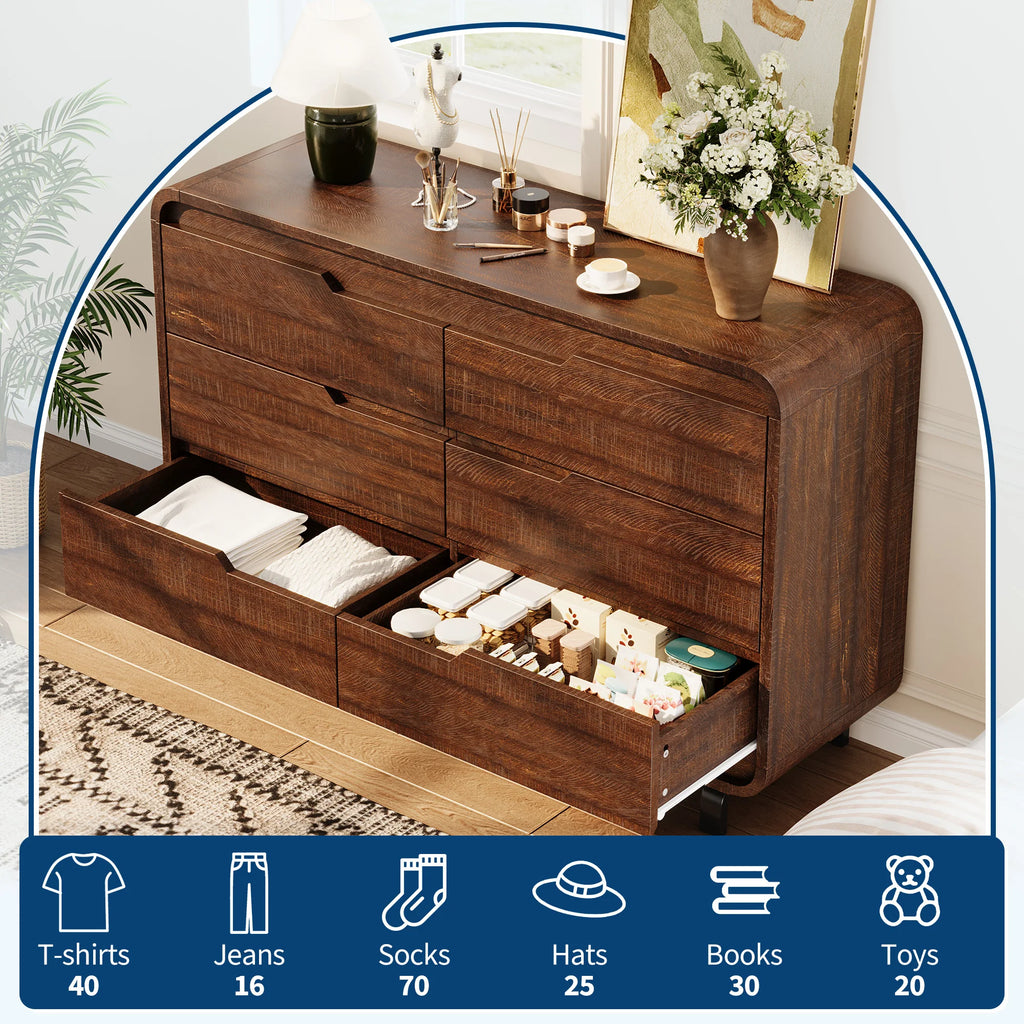 47" Wide 6-Drawer Dresser — Rounded Corners, Hidden Handles