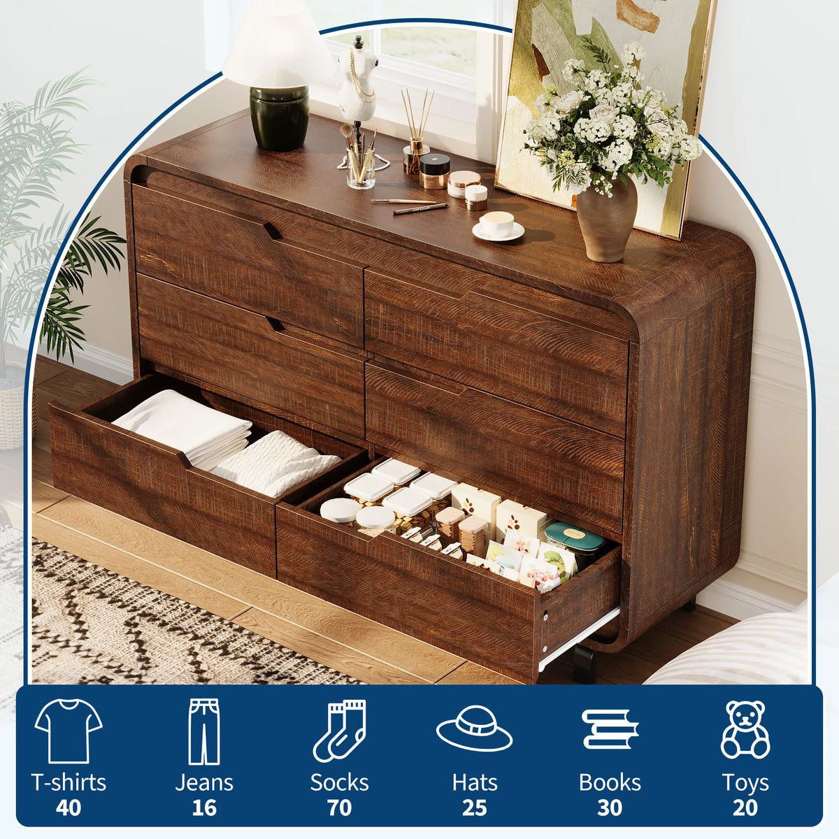 47" Wide 6-Drawer Dresser — Rounded Corners, Hidden Handles