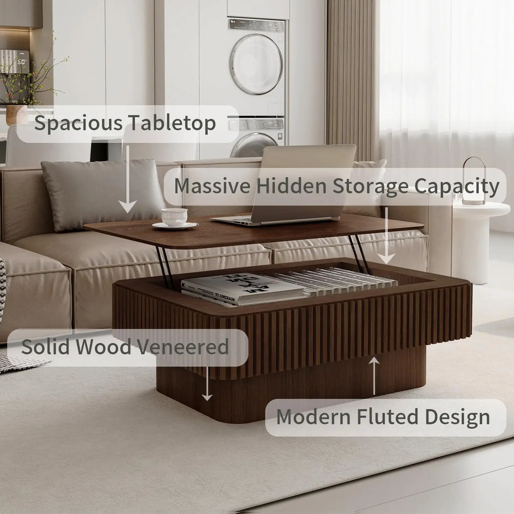 Rectangle Fluted Lift-Top Coffee Table with Storage