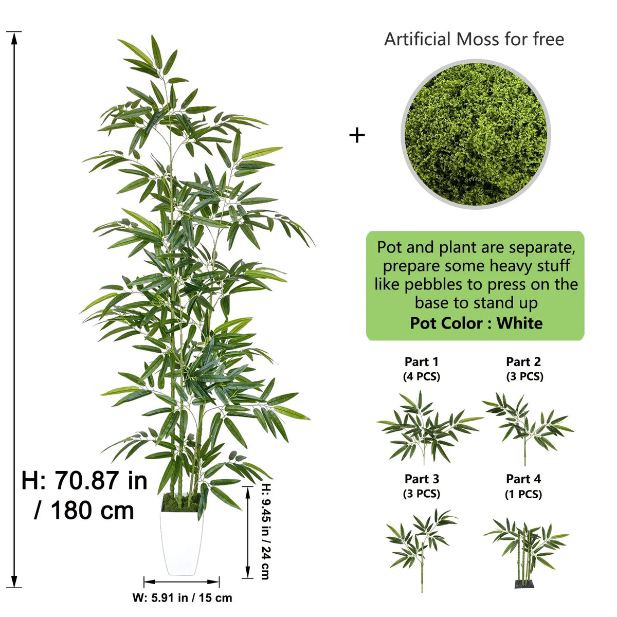 Artificial Green Bamboo Tree — 5.25-7.05 ft Multi-Stem