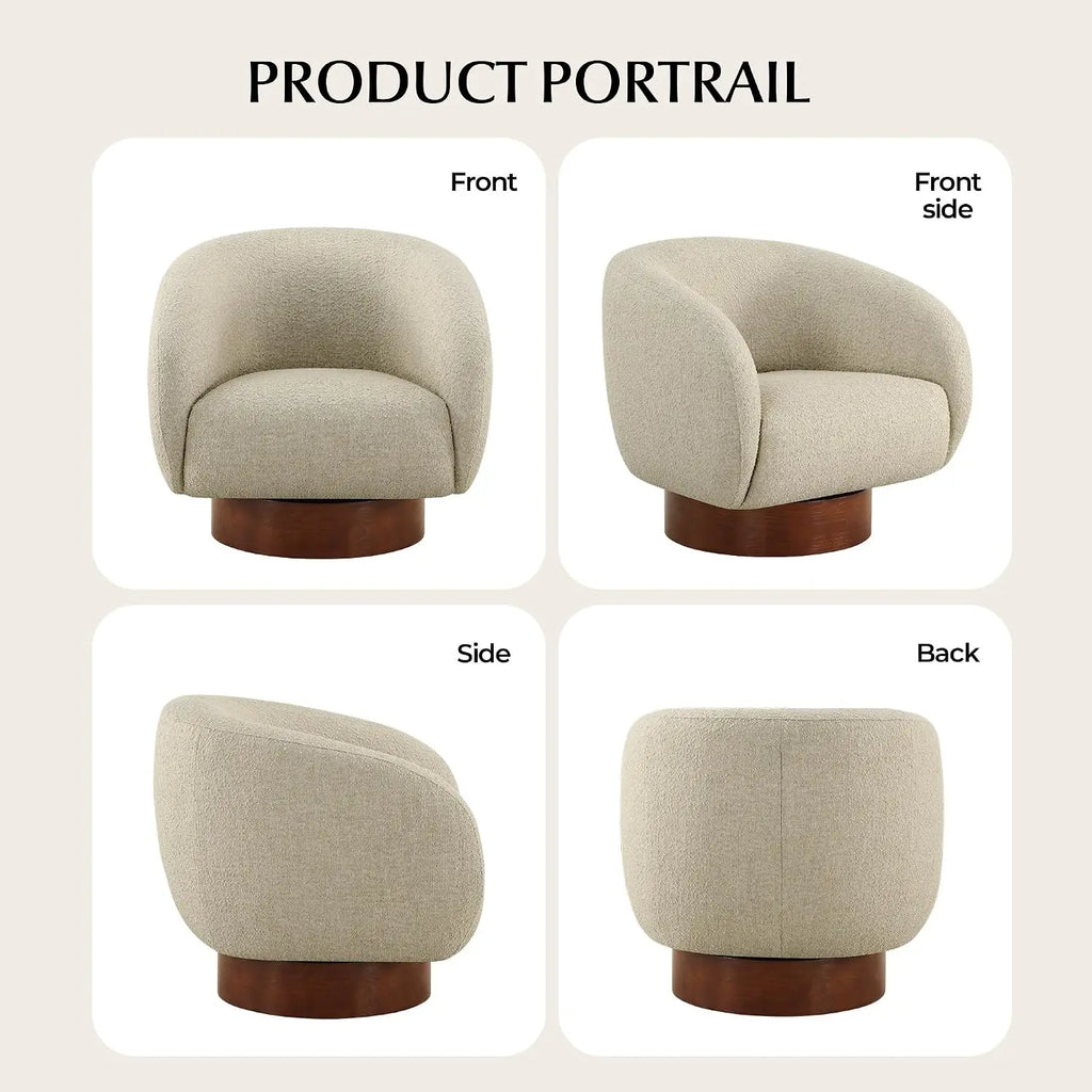 Oatmeal Boucle Swivel Accent Chair — Wood Base Armchair