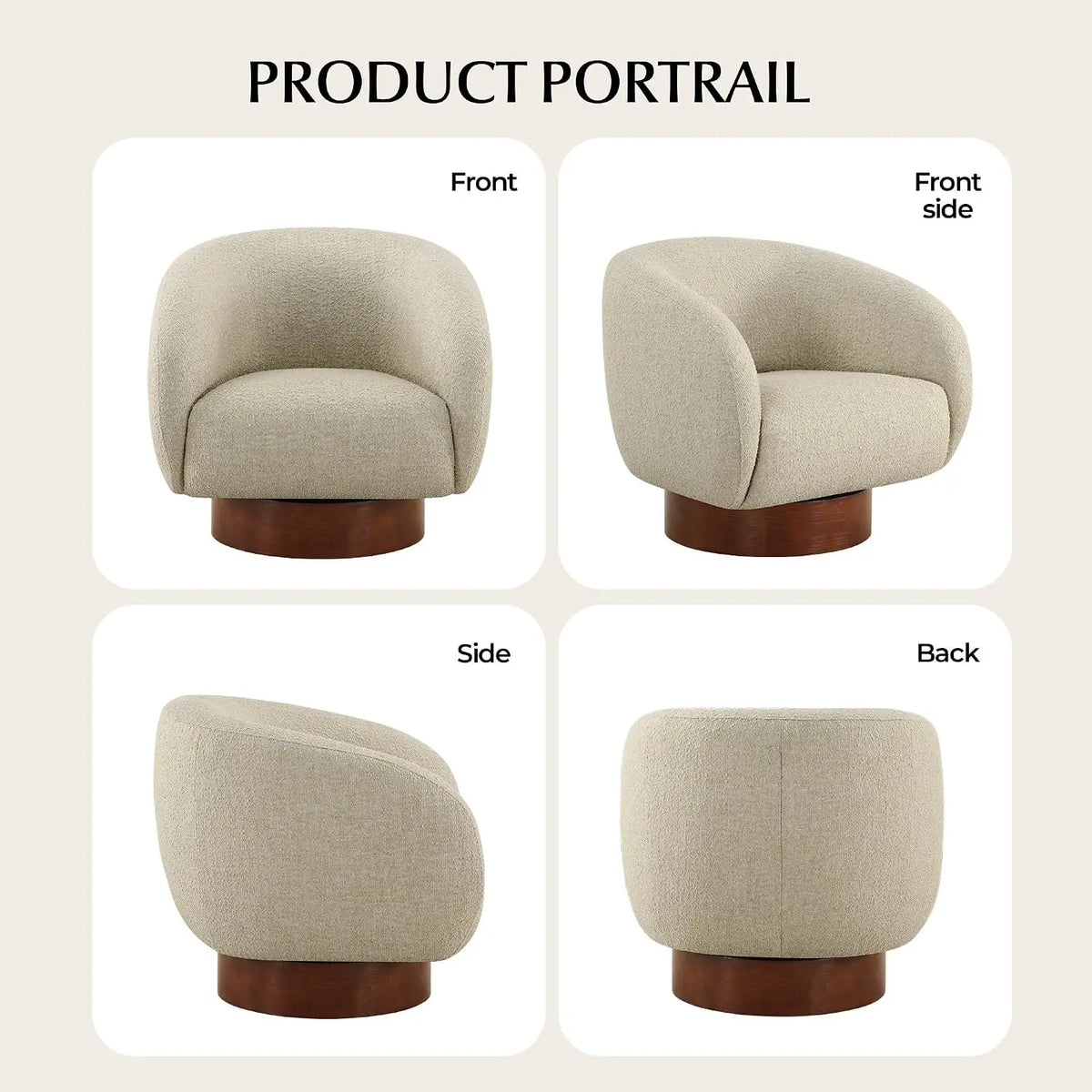 Oatmeal Boucle Swivel Accent Chair — Wood Base Armchair