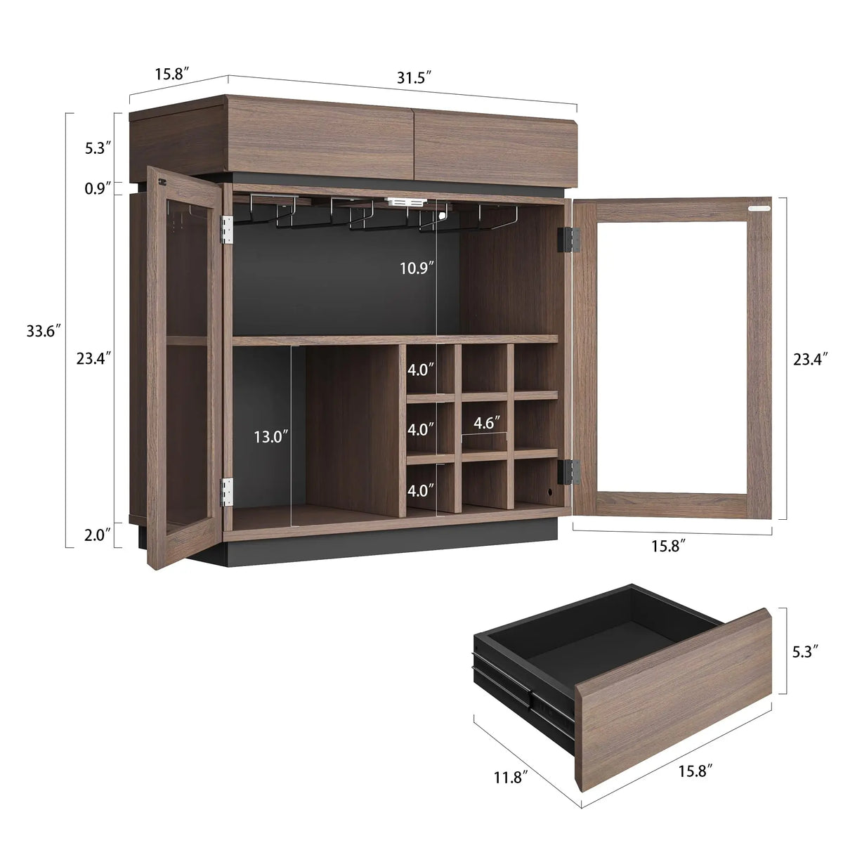 Walnut 2-in-1 Coffee Bar & Wine Cabinet with LED Light
