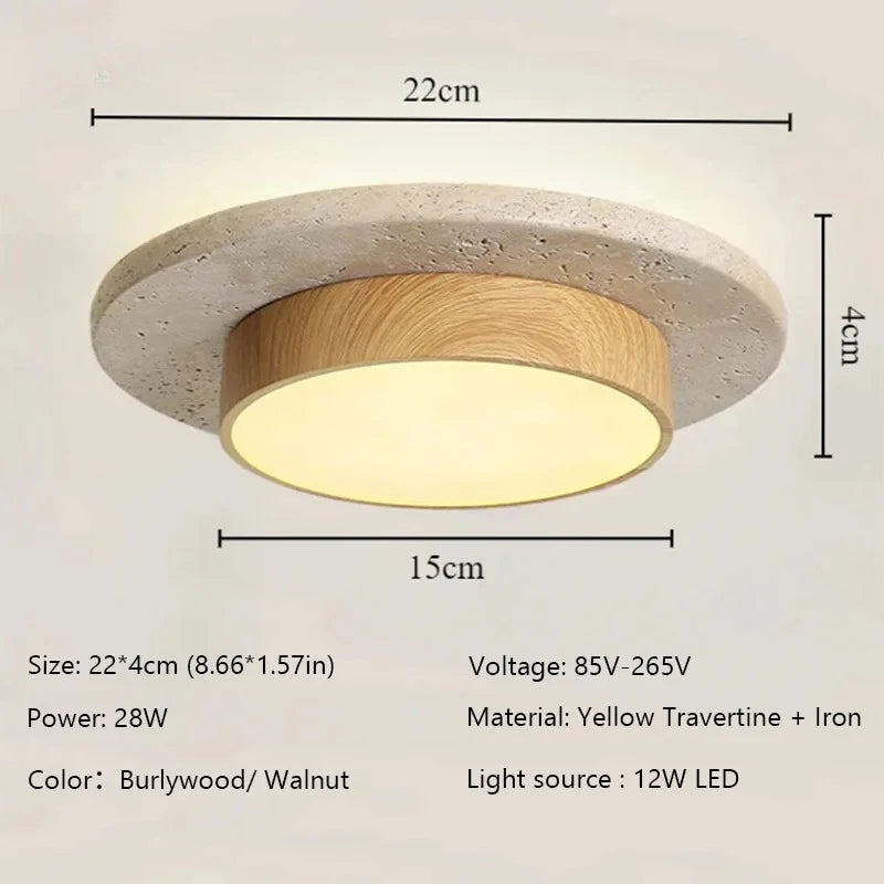 Retro Bedroom Ceiling Light Circular Stone LED Ceiling Lamp Walnut/wooden Balcony Hallway Living Room Indoor Light — close-up detail