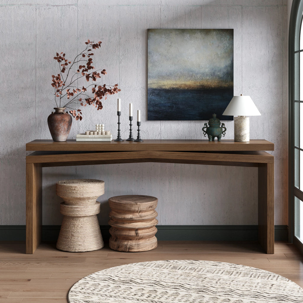 Rustic wood veneer console table in antique rustic brown finish