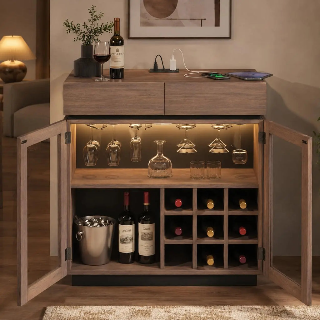 Walnut 2-in-1 Coffee Bar & Wine Cabinet with LED Light