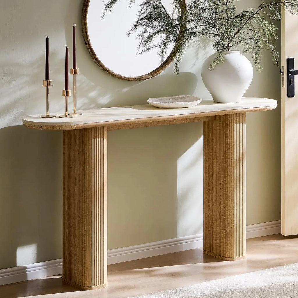Fluted narrow console table for entryway in wood finish