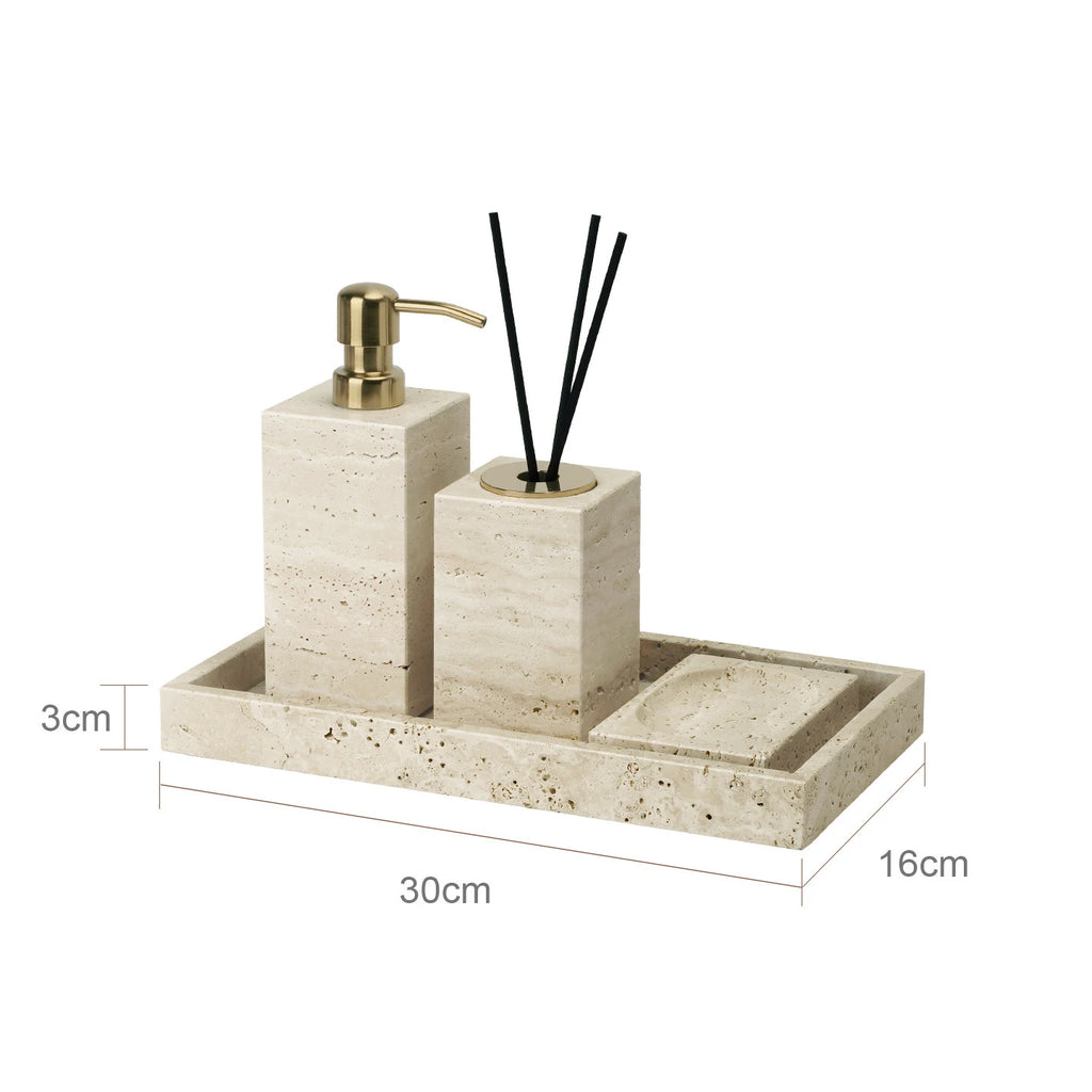 Travertine Bathroom Accessory Set — Soap, Tray & Tissue Box