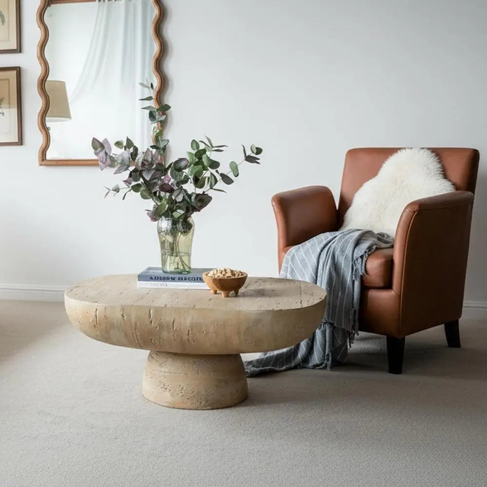 Travertine concrete oval coffee table for indoor or outdoor use