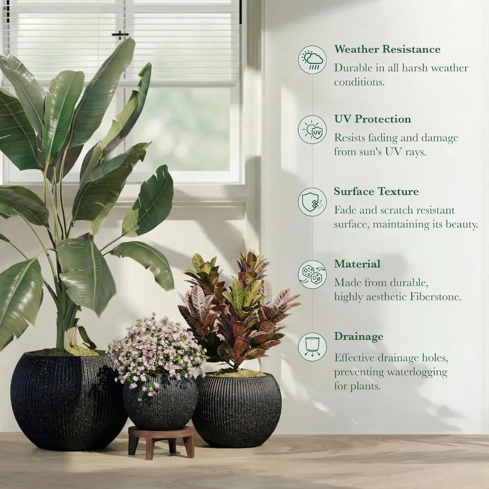 Fiberstone Sphere Planter — 12.6in D x 10in H, Ribbed Black