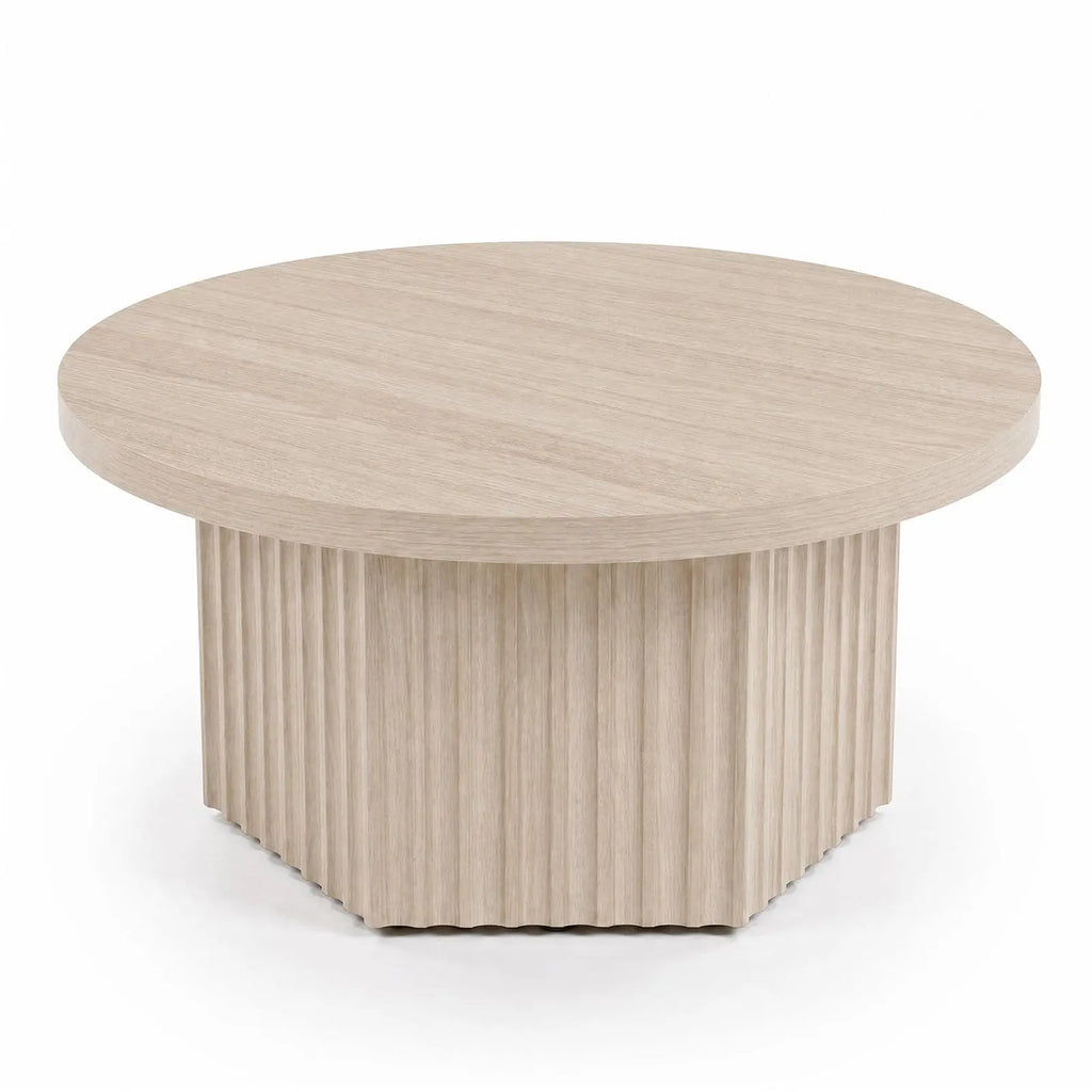 31.5" Round Fluted Drum Coffee Table — Wood Pedestal