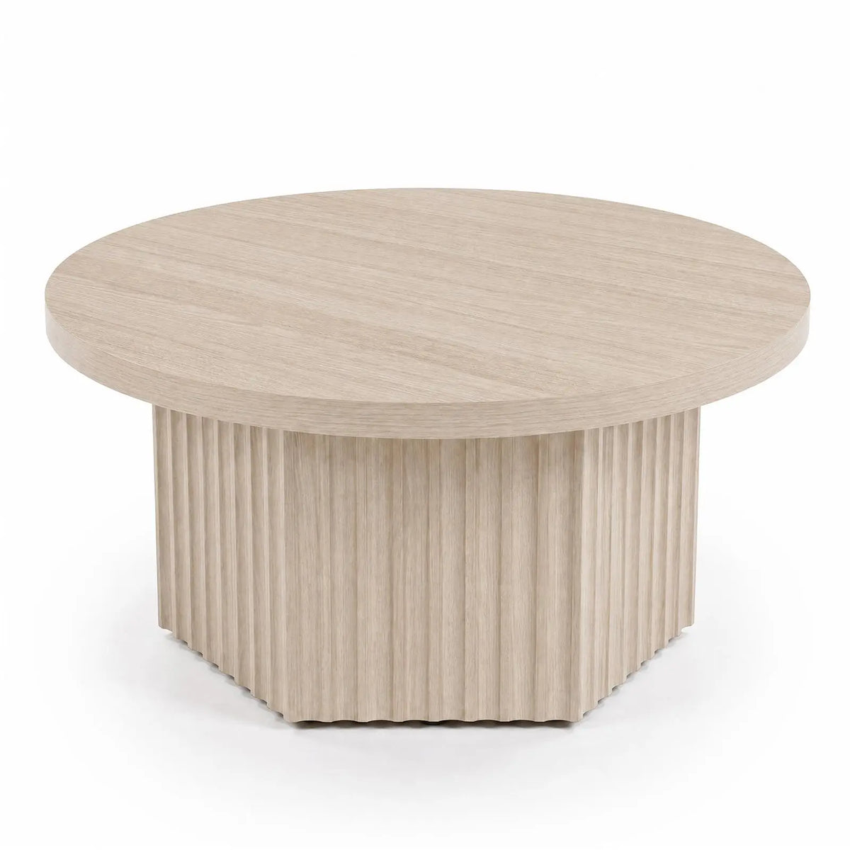 31.5" Round Fluted Drum Coffee Table — Wood Pedestal