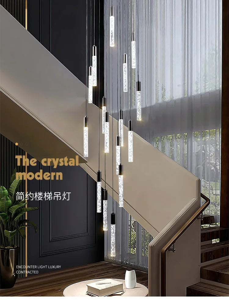 Minimalist cylindrical crystal staircase chandelier