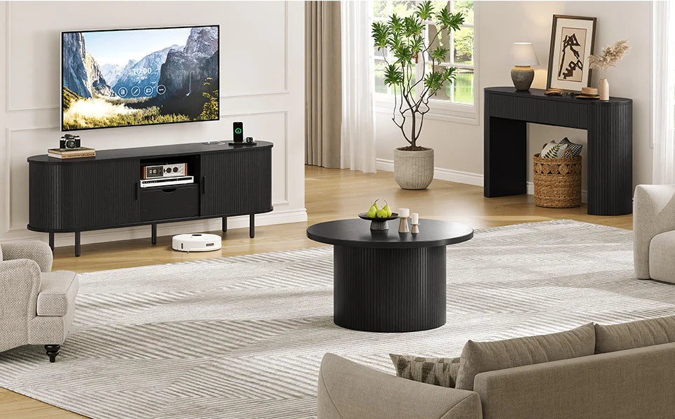 Modern fluted round coffee table in black — alternate product view