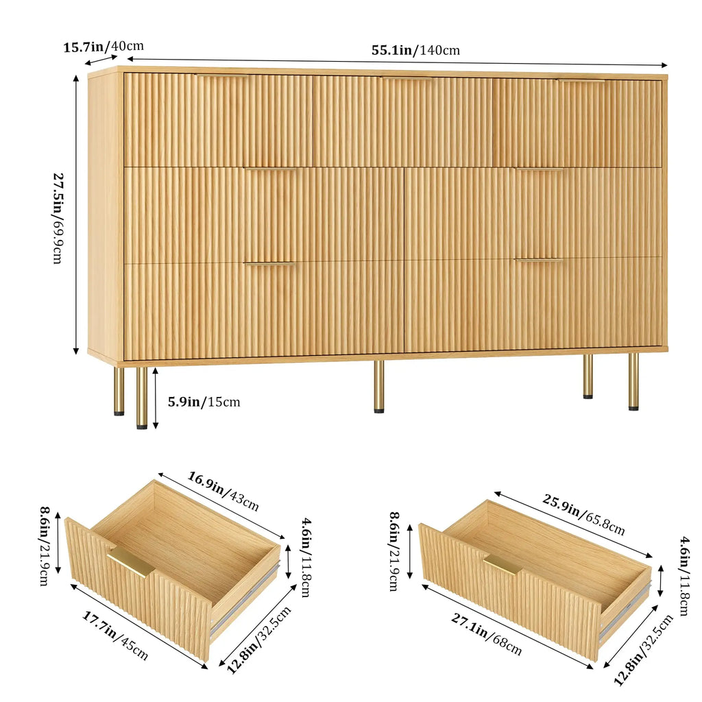 Modern Fluted 7-Drawer Dresser — Wide Wooden Bedroom Chest