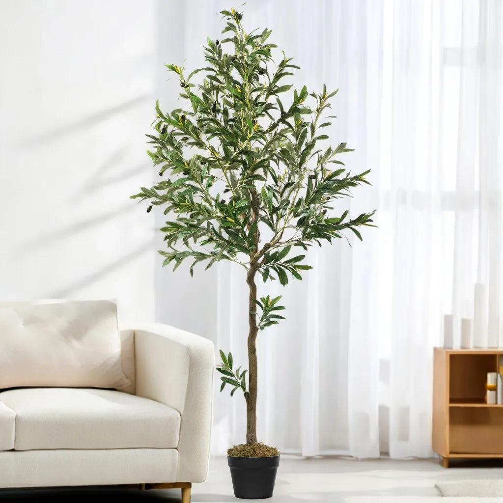 5/6/7/8 Olive Trees Artificial Indoor Faux Olive Tree with Black Pot Silk Fake Plant with Natural Wood Trunk and Lifelike Fruits for Home Office Decor — alternate angle