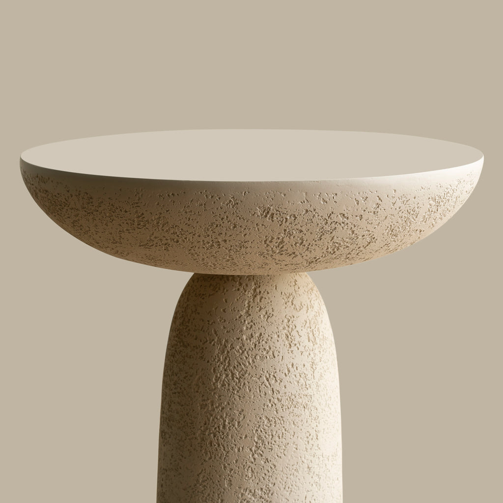 SHYFOY pedestal side table with stone-inspired hourglass base