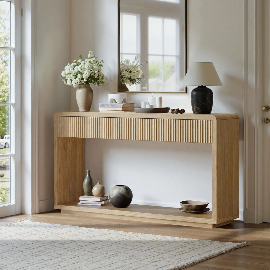 Oak console table with drawers and fluted detailing