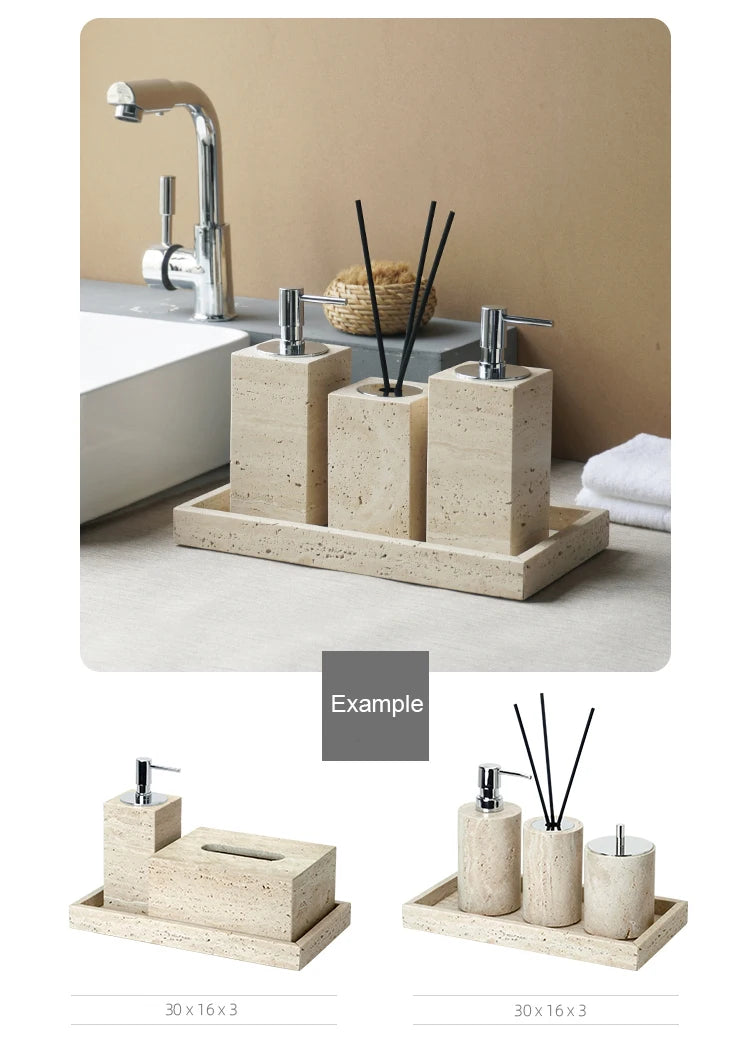 Travertine Bathroom Accessory Set — Vanity Tray & Diffuser, 9-Piece